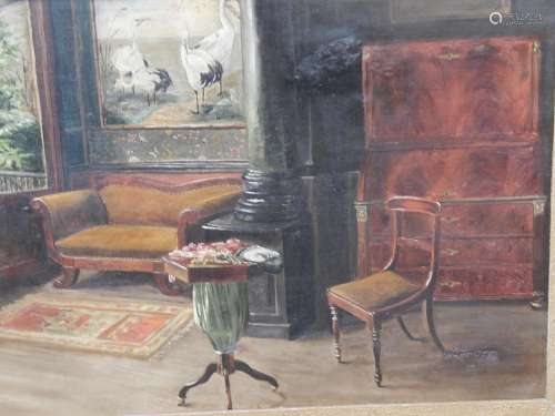 Interior with a painting of cranes",oil on canvas,heavi...