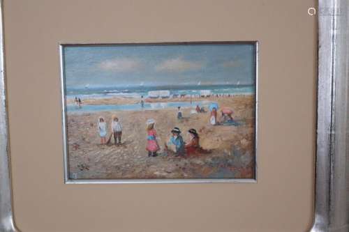"Playing children on the beach,oil on wood,signed E.Fra...