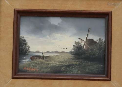 "Romantic landscape with windmill",oil on wood,sig...