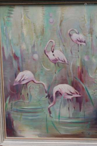 Erich Stapel (1902-1976) "Flamingos", oil on hard ...