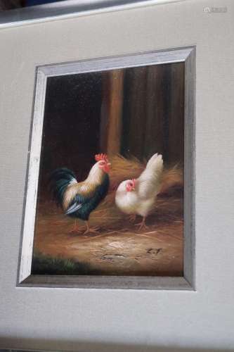 "Chickens",oil on painting board,monogrammed RT,pi...