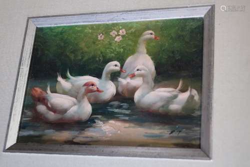"Ducks on a lake",oil on painting board,monogramme...