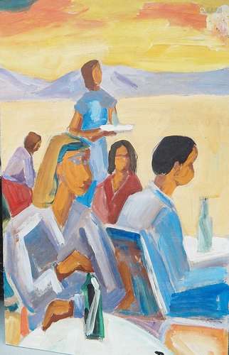 "Beach bar with figure staffage in the evening sun"...