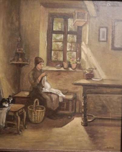 "Interior with woman sewing",oil on canvas,signed ...