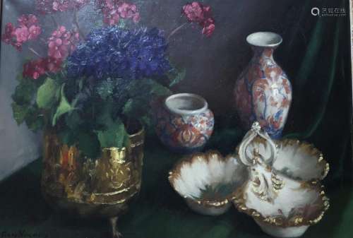 Ferdy Naulaerts -Still life with hydrangeas and Imari vases&...