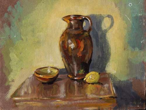 Still life with jug,bowl and lemon,oil on painting board,sig...