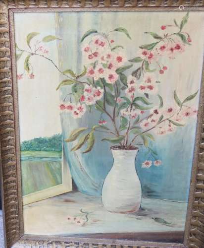 "Still life with cherry blossoms "Oil on canvas,un...