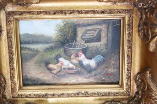 "Chicken yard", oil on wood,modern,ca.13x18cm