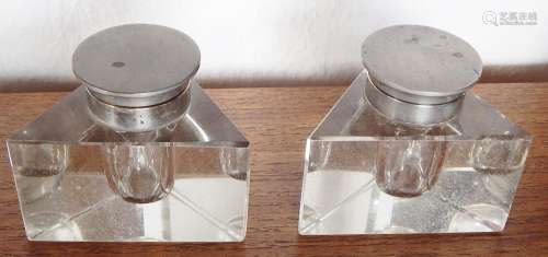 Pair of triangular glass inkwells,crystal glass with brass n...