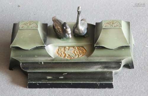 Inkwell with swans,with glass inserts,Made in Japan