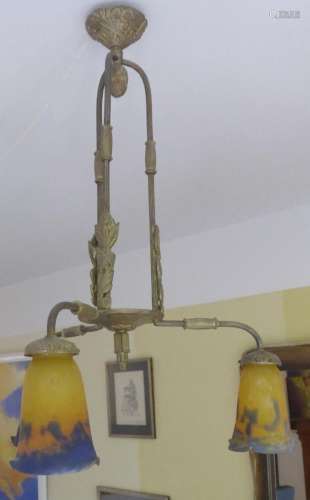 3-arm ceiling lamp,brass mount with 3 Pate de Verres glass b...