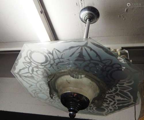 ArtDeco ceiling lamp with chrome mount and etched glass plat...