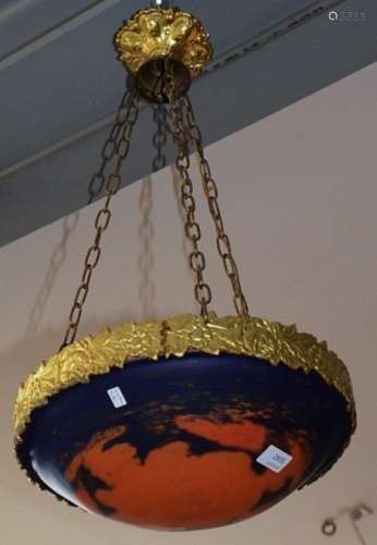 Art Nouveau ceiling lamp with brass mount and orange/blue pa...