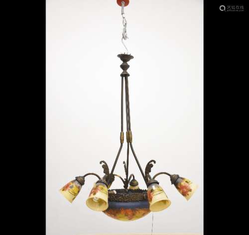 6-arm art nouveau lamp with brass mounts and hand-painted gl...