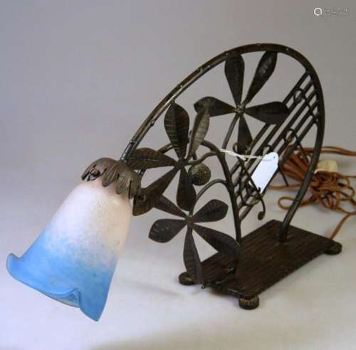 Art Nouveau table lamp,wrought iron base with Pat de Verre g...