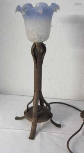 Art Nouveau table lamp,copper mount,frosted glass shade blue...