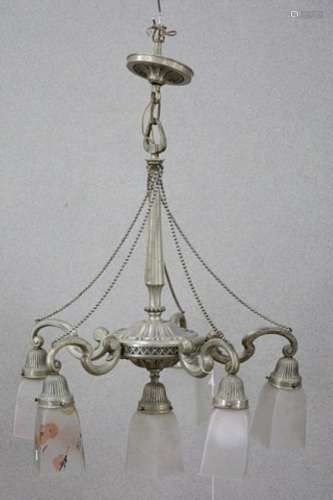5-armed ArtDeco ceiling chandelier with 6 satin glass bells,...