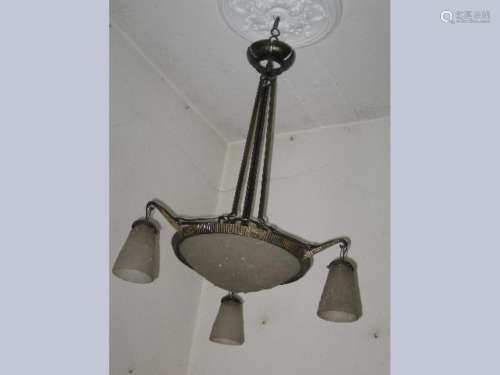 3-armed ArtDeco ceiling chandelier with 3 glass bells and ce...