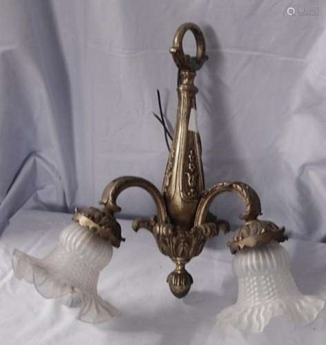 3-armed art nouveau ceiling lamp with floral decorated brass...