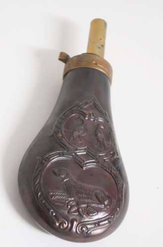 Black powder can, copper brass with figural half reliefs