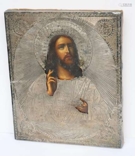 Icono "Christ", painted on wood with silver oklad,...