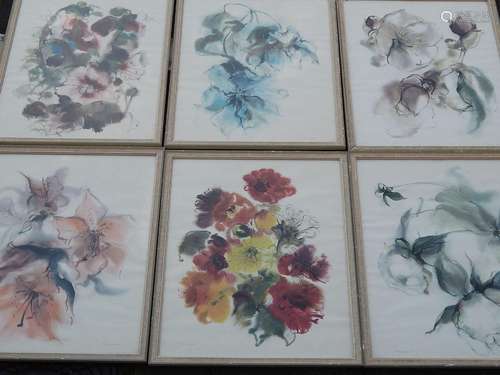 Set of 6 views "Flowers", color lithograph, illegi...