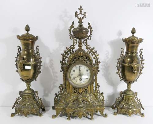 Fireplace clock with 2 side plates,brass,richly decorated,wi...