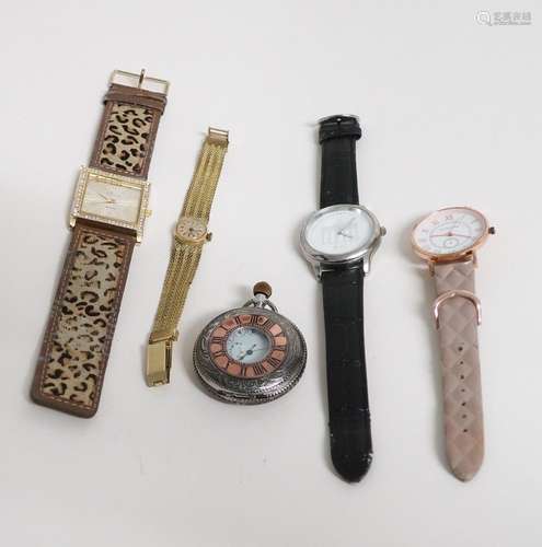 Convolute 4 wristwatches and a pocket watch,modern, together