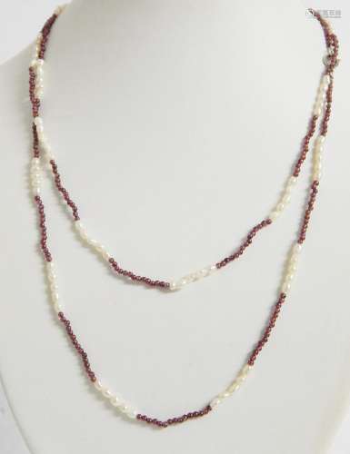 Long garnet necklace with freshwater pearls