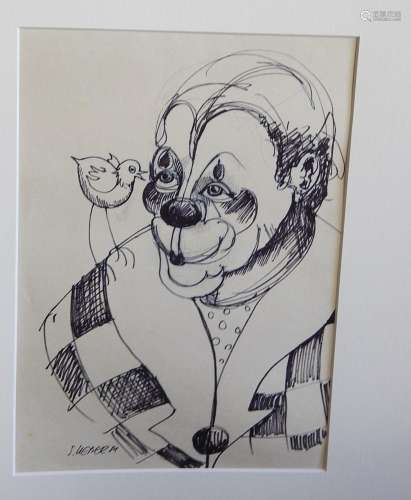 Susanne Ueber "Clown",original pen and ink drawing...