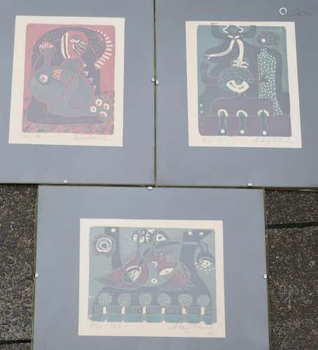 Mixed lot of 3 pieces "Abstract Composition", colo...