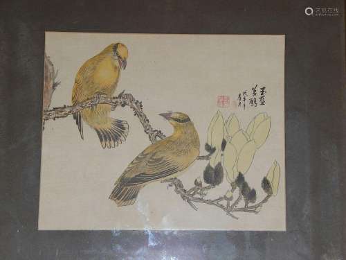 "2 birds on a branch",painted on silk, signed,BIld...