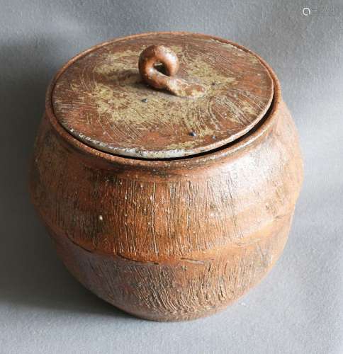 Japanese lidded jar, fired clay, height ca.18cm,diameter ca....