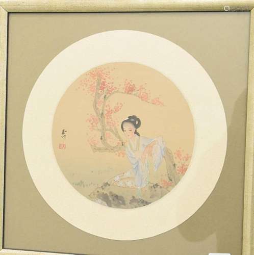 "Depiction of a young woman under a flowering cherry tr...