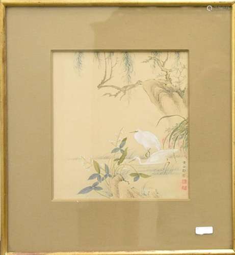 "White herons on the shore",probably hand painted,...