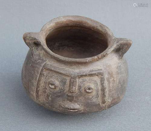 Small handle bowl with stylized face,fired clay,height 6cm,d...