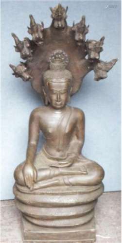 Sitting Buddha with Naga(Dragon),Bronze, Thailand, Lopbury,c...