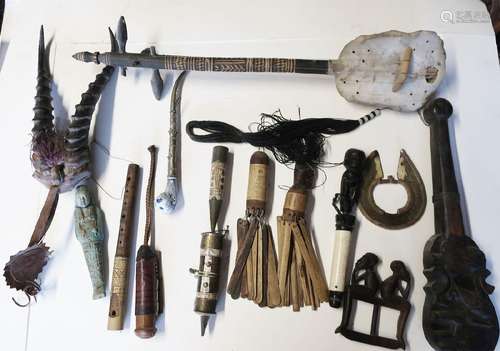 Mixed lot of 13 objects including musical instruments, ritua...