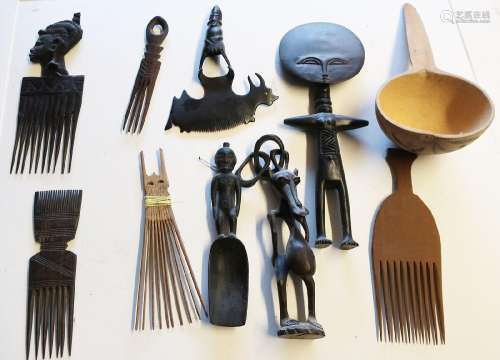 Mixed lot of 6 combs and 3 figural objects and 1 ladle,Afric...