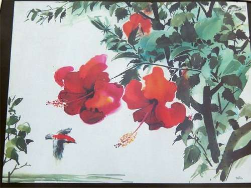 "Flowering Hibskus",color lithograph,monogrammed W...