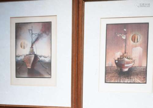 2 views "Ships" color etchings, signed Malka and n...