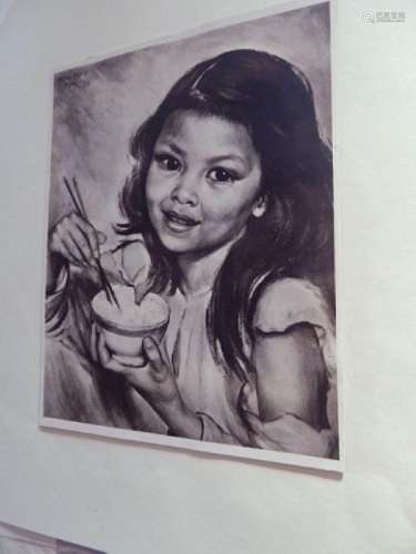 "Girl with rice bowl",color lithograph,signed in t...
