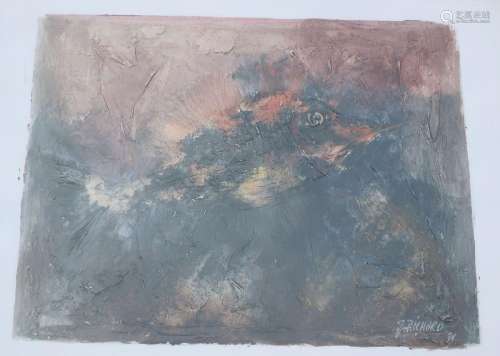 "Composition with fish", oil on paper,signiret J.R...