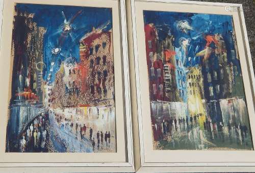 2 city views with figures,oil on paper,illegibly signed,date...