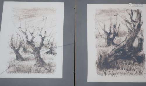 2 views "Tree trunks",mixed media,illegibly signed...