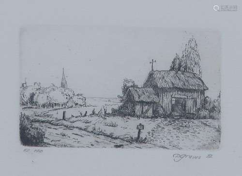 P.Graves "Landscape with Chapel",color etching,sig...