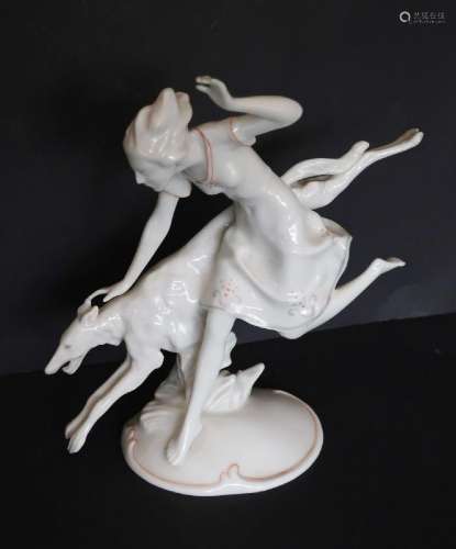 Borzoi greyhound with running woman,figurative porcelain Hut...