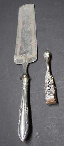 Cake pusher (silver plated scoop) and sugar tongs