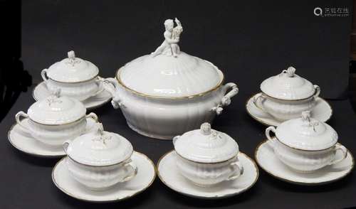 Set of 6 soup cups with saucers and soup tureen