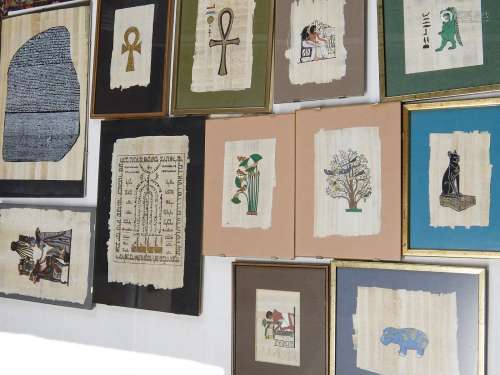 Mixed lot ca.12 egyptian paintings on papyrus